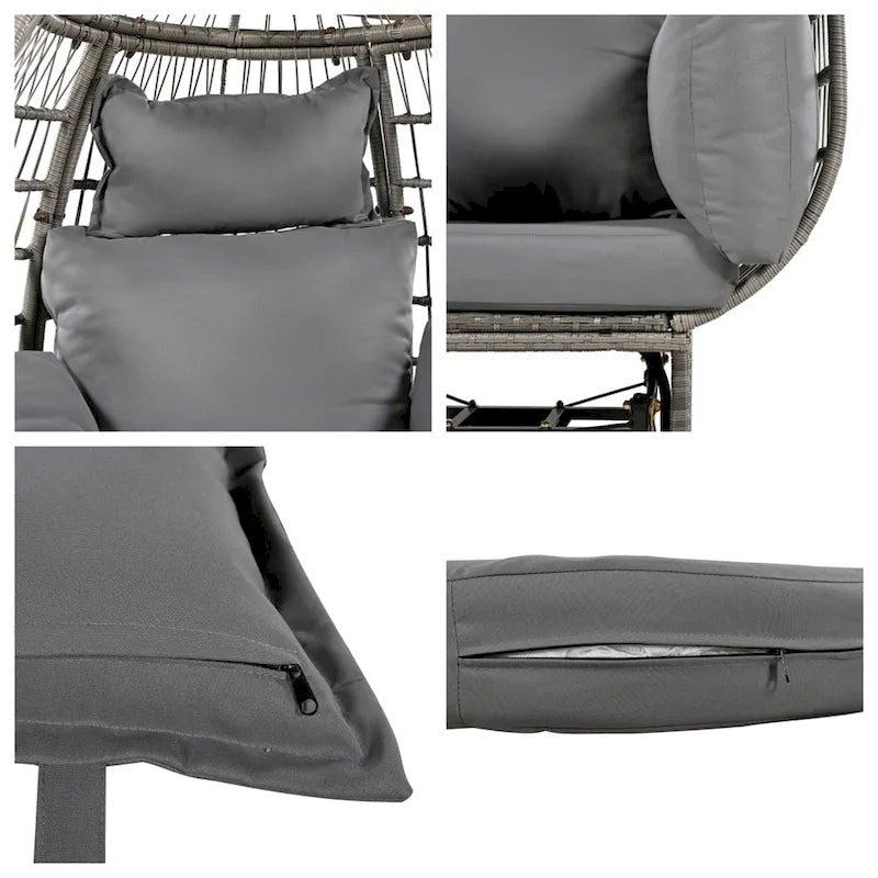 Fauteuil pivotant de jardin en rotin en forme d'œuf avec coussins et fonction à bascule