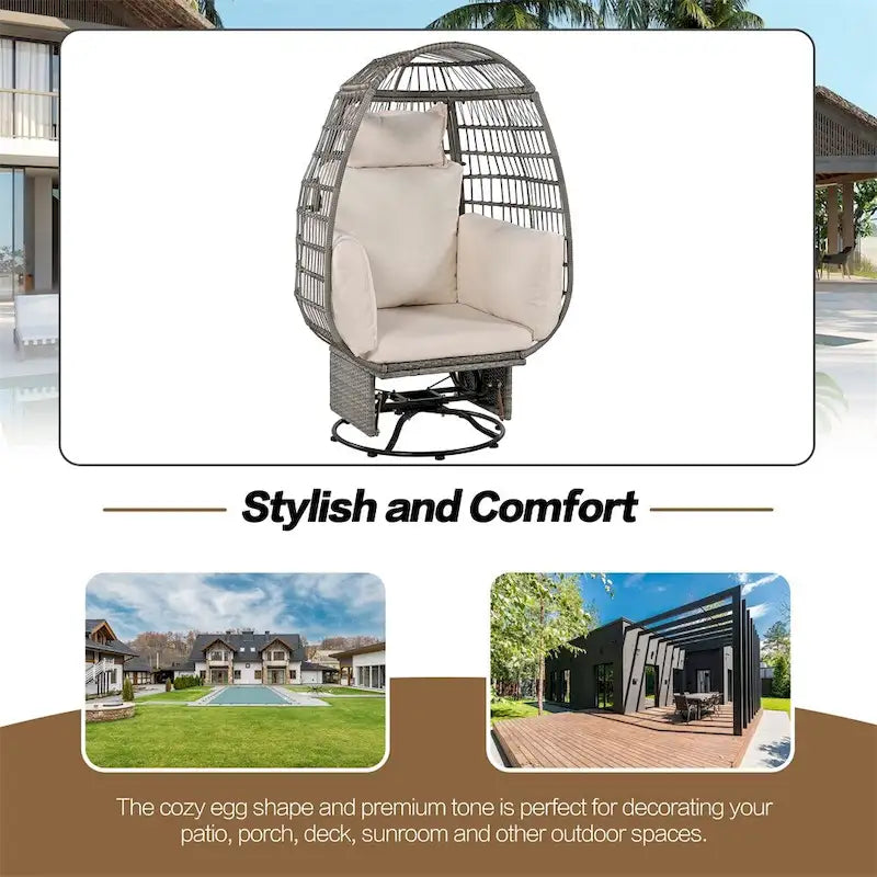 Fauteuil pivotant de jardin en rotin en forme d'œuf avec coussins et fonction à bascule
