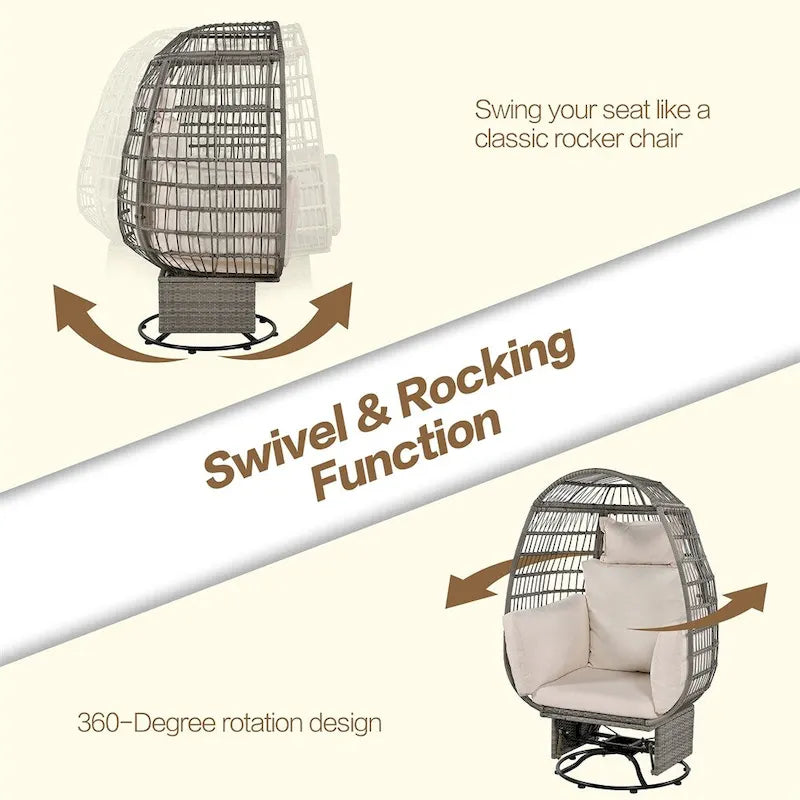 Fauteuil pivotant de jardin en rotin en forme d'œuf avec coussins et fonction à bascule