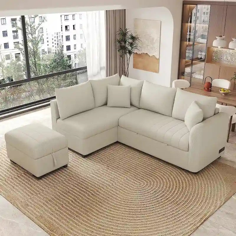 Canapé d'angle convertible rembourré avec pouf de rangement mobile, canapé-lit escamotable en forme de L