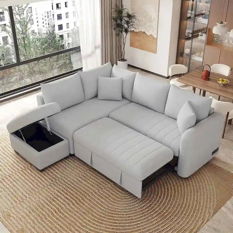 Canapé d'angle convertible rembourré avec pouf de rangement mobile, canapé-lit escamotable en forme de L