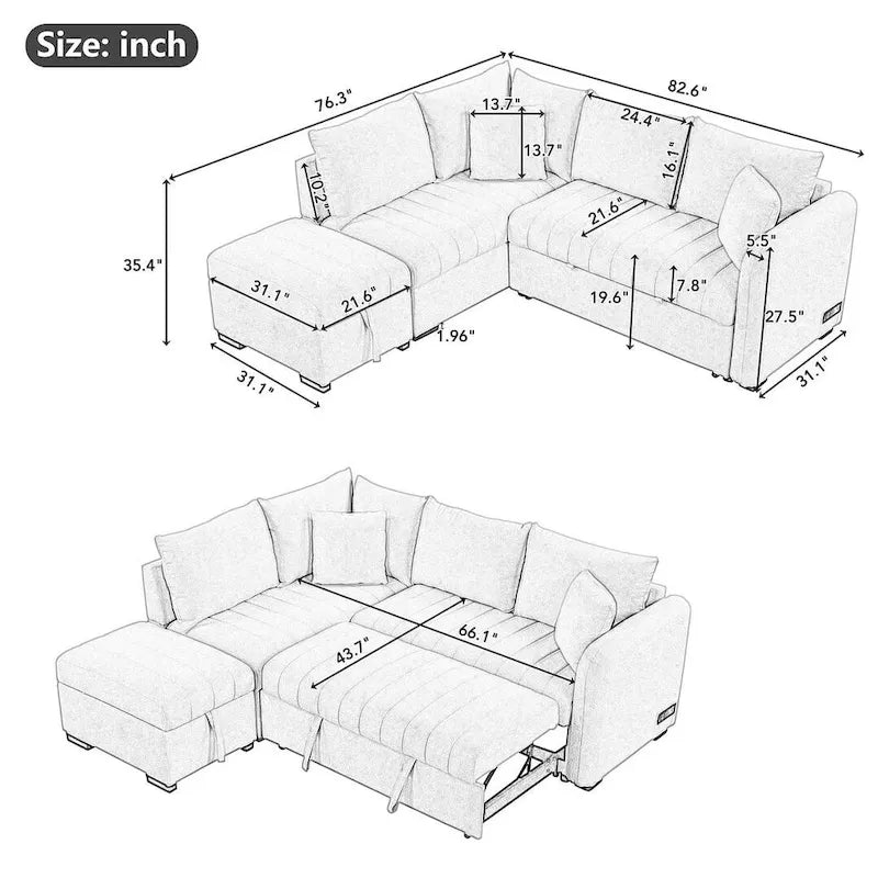 Canapé d'angle convertible rembourré avec pouf de rangement mobile, canapé-lit escamotable en forme de L