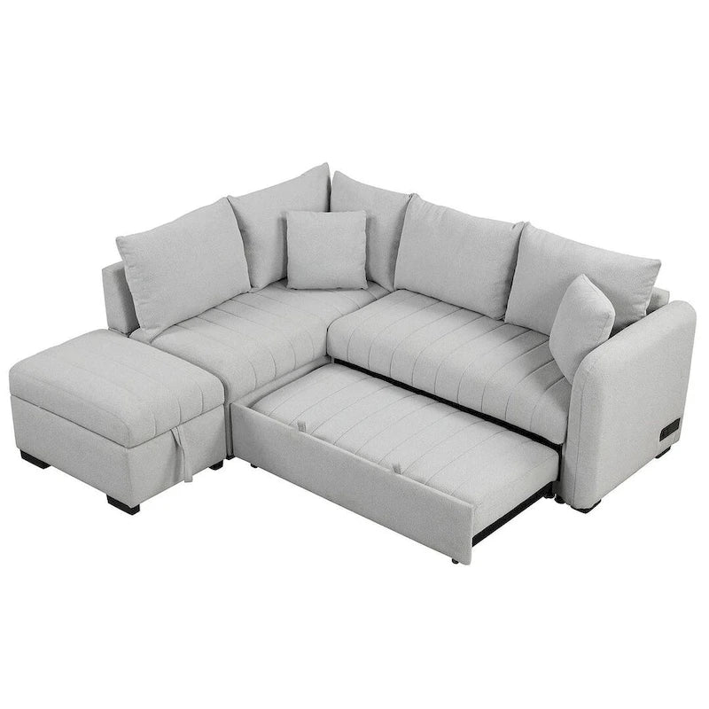 Canapé d'angle convertible rembourré avec pouf de rangement mobile, canapé-lit escamotable en forme de L