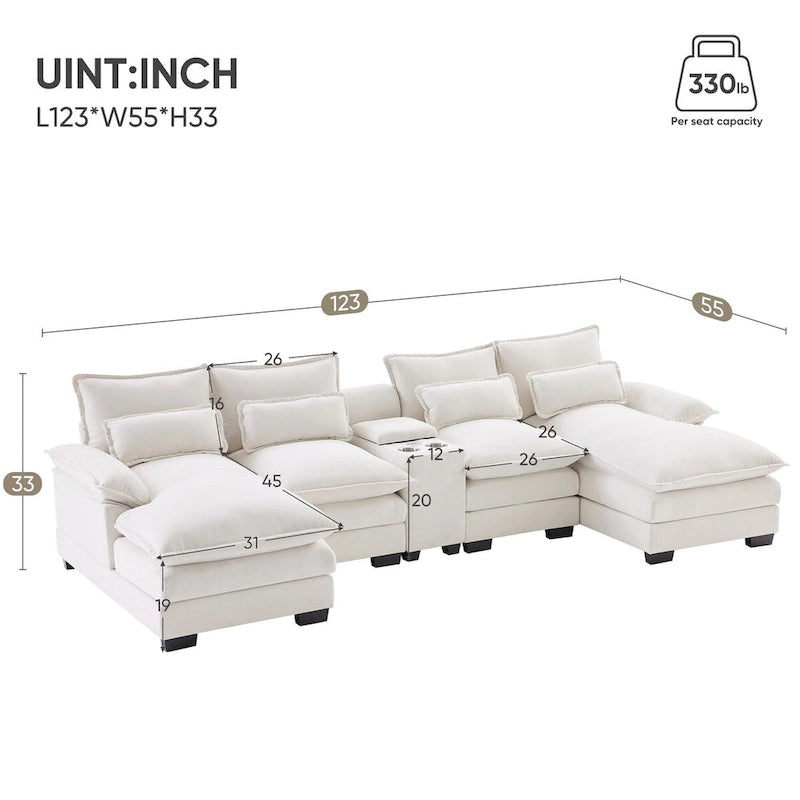 Canapé d'angle en U 123*55 avec console, porte-gobelets et ports USB, ensemble de canapés-lits symétriques rembourrés à 6 places avec méridienne
