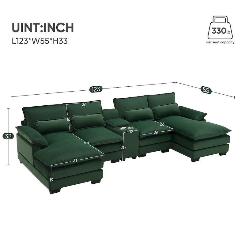 Canapé d'angle en U 123*55 avec console, porte-gobelets et ports USB, ensemble de canapés-lits symétriques rembourrés à 6 places avec méridienne