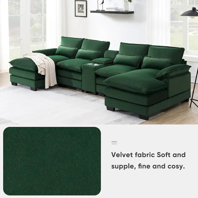 Canapé d'angle en U 123*55 avec console, porte-gobelets et ports USB, ensemble de canapés-lits symétriques rembourrés à 6 places avec méridienne