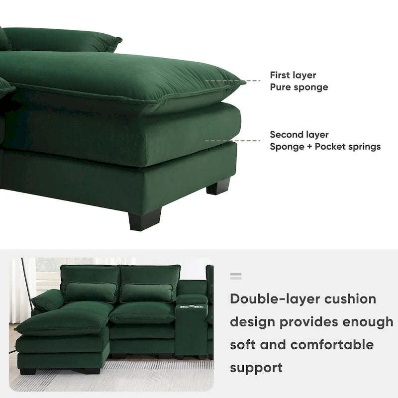 Canapé d'angle en U 123*55 avec console, porte-gobelets et ports USB, ensemble de canapés-lits symétriques rembourrés à 6 places avec méridienne