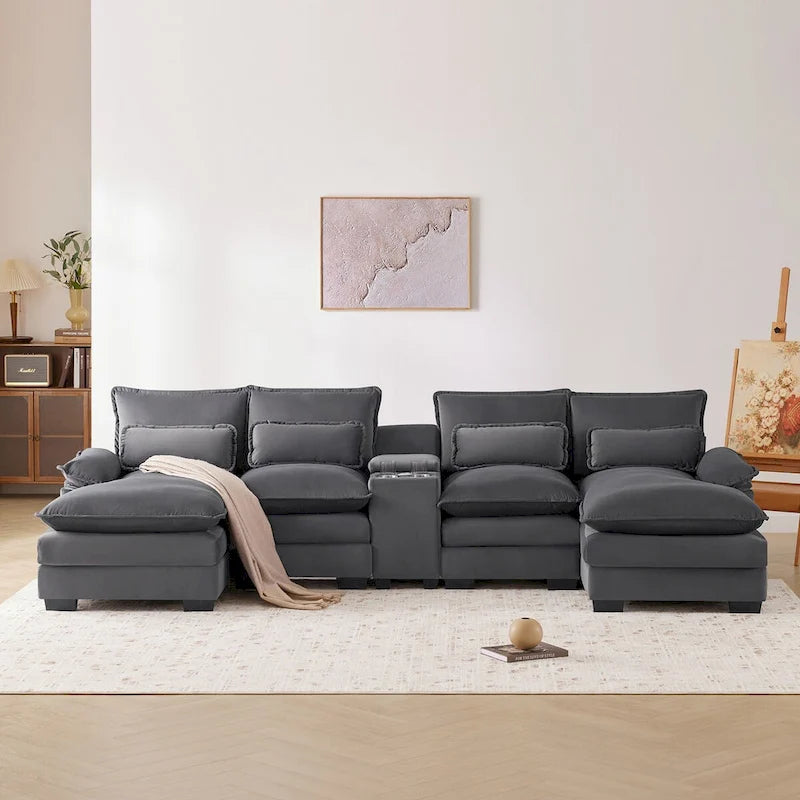 Canapé d'angle en U 123*55 avec console, porte-gobelets et ports USB, ensemble de canapés-lits symétriques rembourrés à 6 places avec méridienne