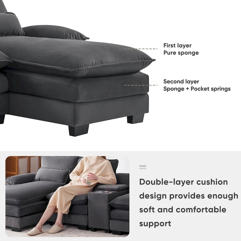 Canapé d'angle en U 123*55 avec console, porte-gobelets et ports USB, ensemble de canapés-lits symétriques rembourrés à 6 places avec méridienne