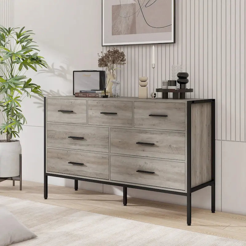 Commode en bois à 7 tiroirs, Armoire de rangement en bois pour chambre à coucher, Meuble à vêtements solide avec cadre en acier robuste