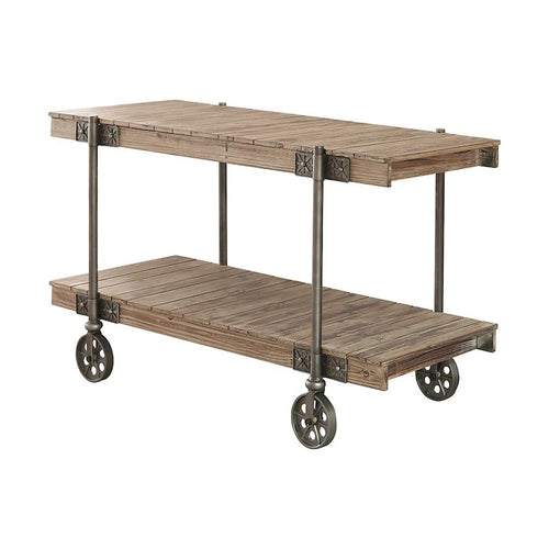 Loak 47 Inch Sofa Table, Plank Design, 1 Shelf, Wheels, Brown, Black