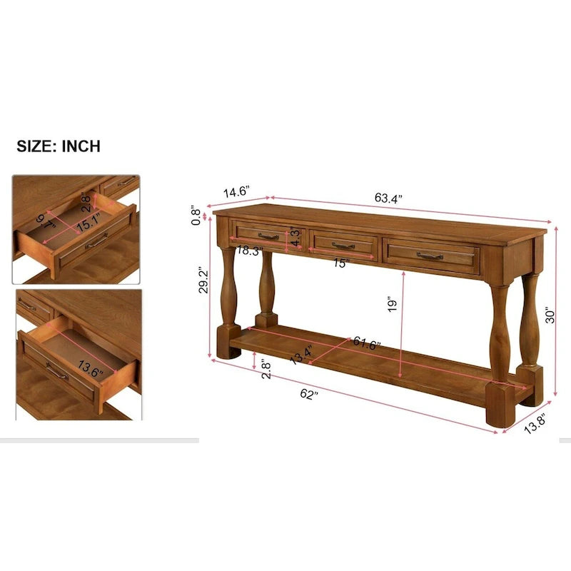 Console en bois avec 3 tiroirs et 1 étagère inférieure