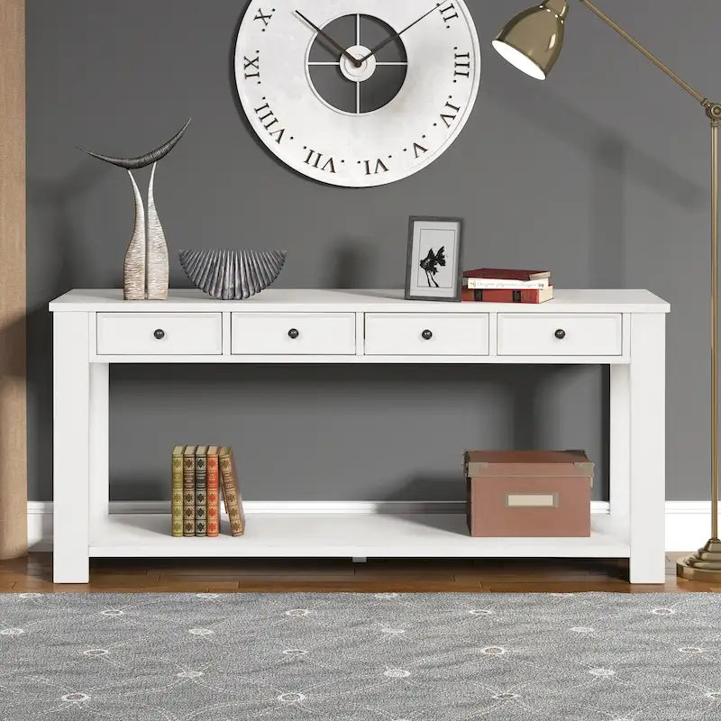 Console en bois de pin avec 4 tiroirs et étagère inférieure pour entrée ou couloir