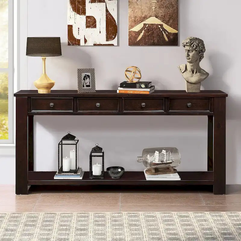 Console en bois de pin avec 4 tiroirs et étagère inférieure pour entrée ou couloir