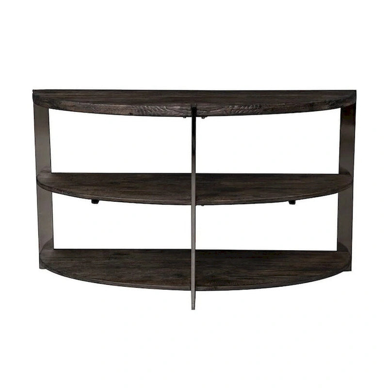 Console d'entrée demi-lune avec deux étagères ouvertes, en gris anthracite et métal chromé.