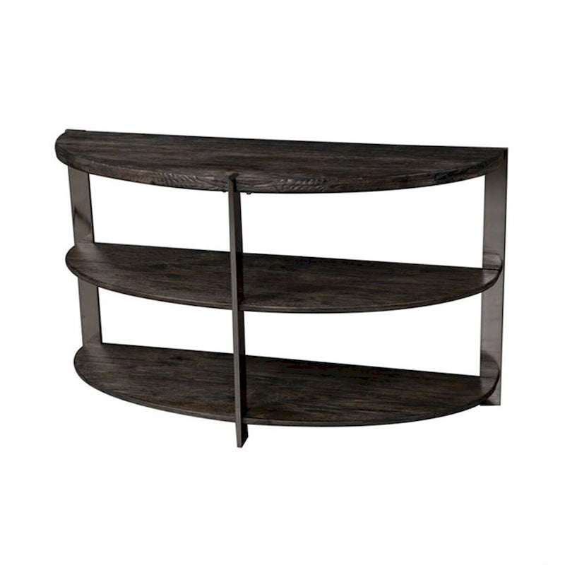 Console d'entrée demi-lune avec deux étagères ouvertes, en gris anthracite et métal chromé.