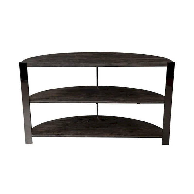Console d'entrée demi-lune avec deux étagères ouvertes, en gris anthracite et métal chromé.