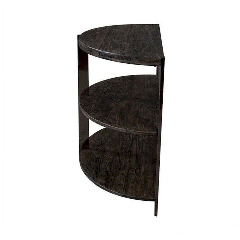 Console d'entrée demi-lune avec deux étagères ouvertes, en gris anthracite et métal chromé.