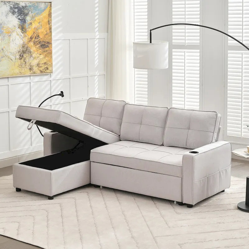Canapé-lit en lin avec lit gigogne, espace de rangement supplémentaire, support de téléphone et chargeur USB