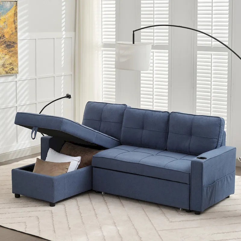 Canapé-lit en lin avec lit gigogne, espace de rangement supplémentaire, support de téléphone et chargeur USB