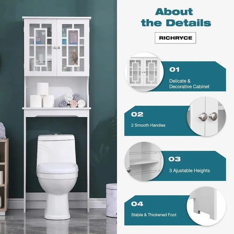 Étagère de Rangement pour Salle de Bain—un meuble haut de toilette doté d'une structure en bois, de deux portes en verre et d'étagères réglables, conçu spécifiquement pour l'environnement de la salle de bain.