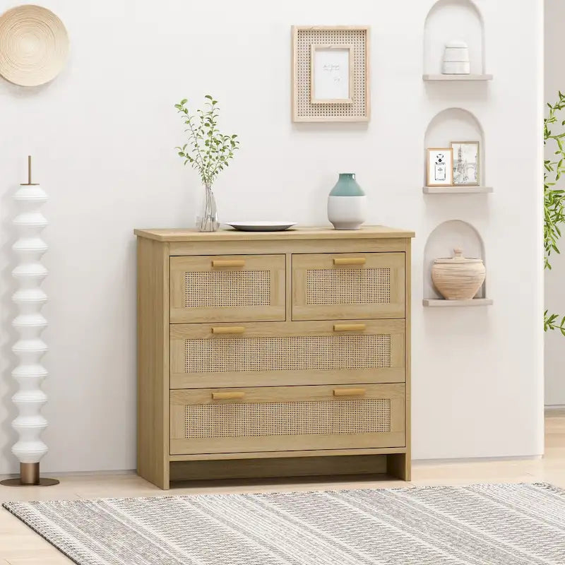 Meuble de rangement 4 tiroirs en rotin — Convient aux chambres à coucher, salons, salles à manger et entrées — Montage facile