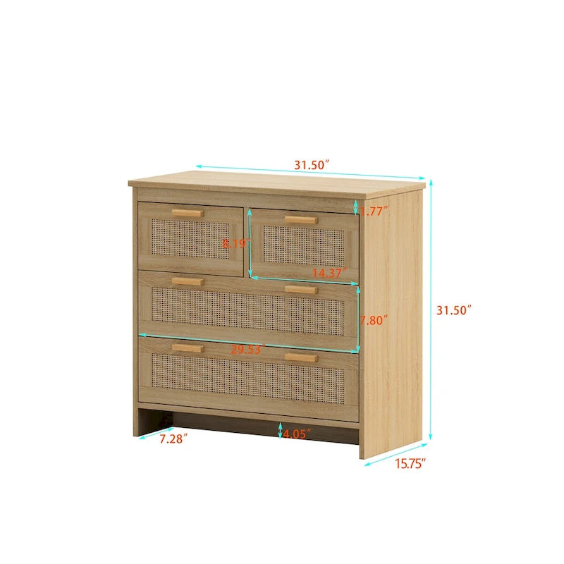 Meuble de rangement 4 tiroirs en rotin — Convient aux chambres à coucher, salons, salles à manger et entrées — Montage facile